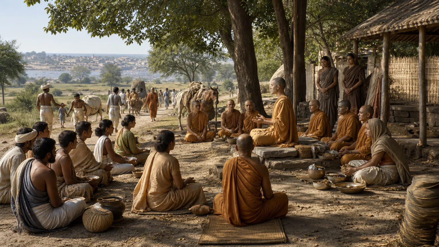 AI-generated evidence-guided visualization related to Early Buddhist communities, c. 5th-3rd centuries BCE; the Buddha's exact dates remain debated.