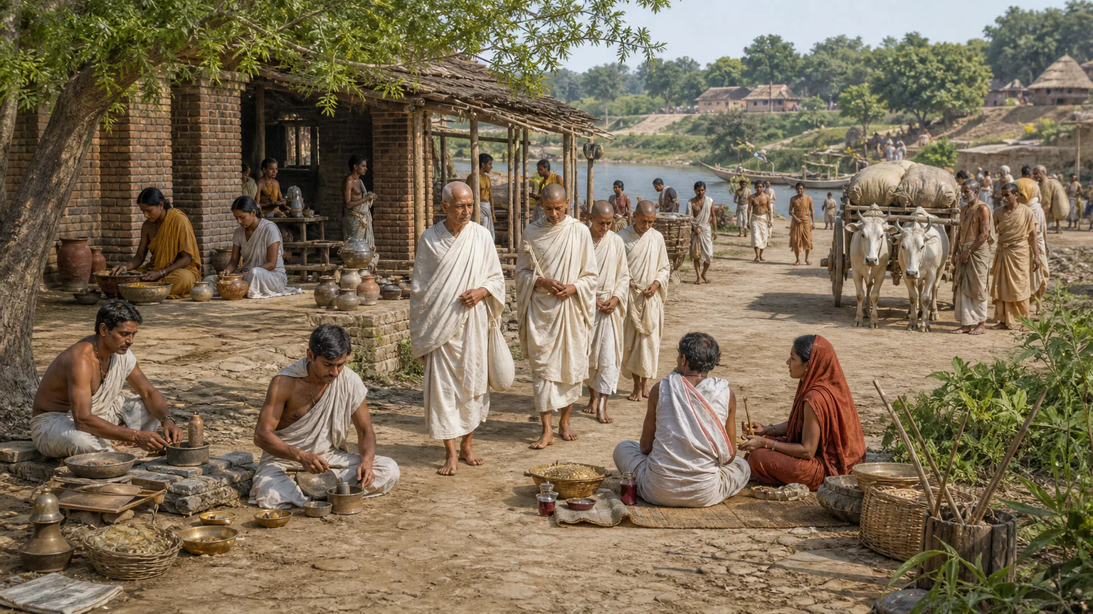 AI-generated evidence-guided visualization related to Jain communities and Mahavira traditions, c. 5th-3rd centuries BCE for early historical communities; traditional dates differ.