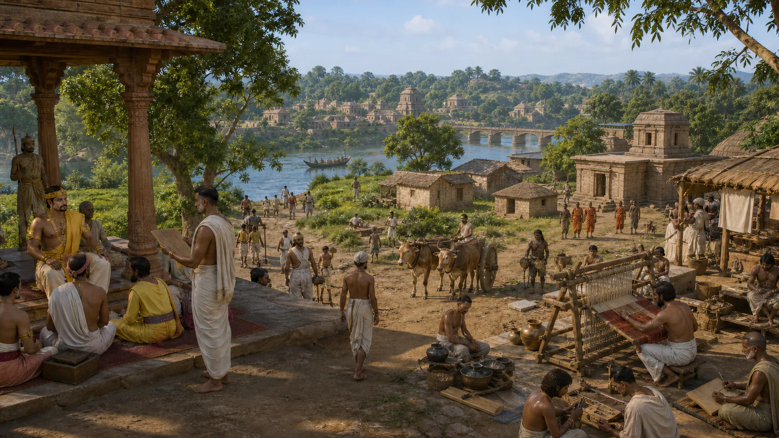 AI-generated evidence-guided visualization related to Gupta rule and regional courts, c. 320-550 CE; control varied by reign and region.