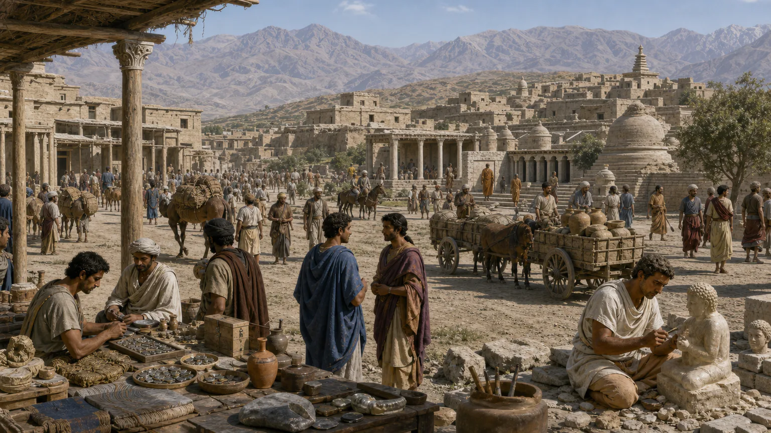 AI-generated evidence-guided visualization related to Indo-Greek and Gandharan exchange, c. 200 BCE-100 CE; overlapping rulers and dates remain debated.