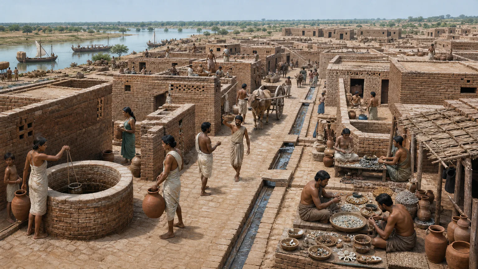 AI-generated evidence-guided visualization related to Indus or Harappan urban networks, c. 2600-1900 BCE for the Mature Harappan phase.