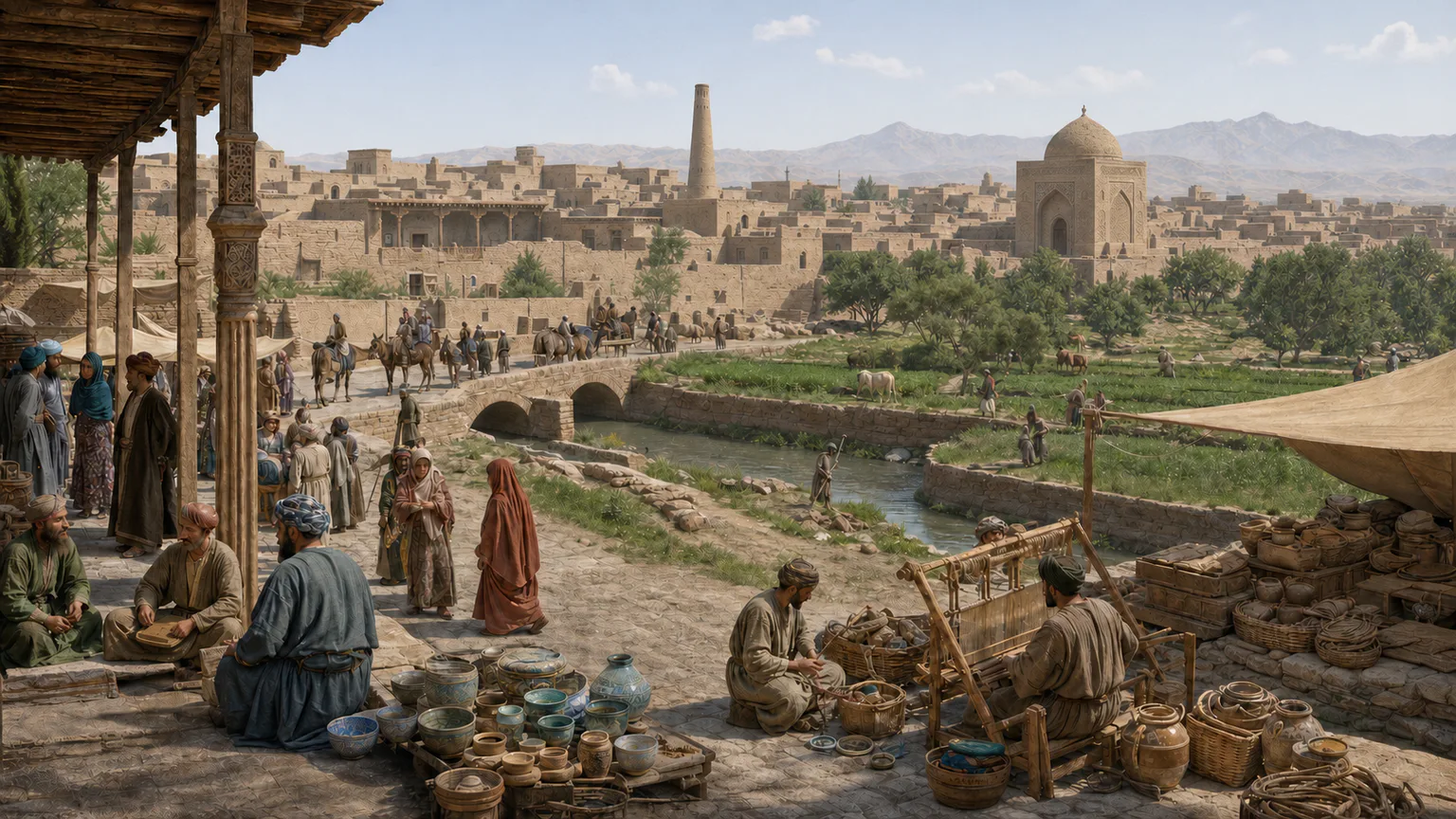 AI-generated evidence-guided visualization related to Islamization and the Samanid oasis world, c. 650-999 CE; conversion and institutional change continued beyond conquest.
