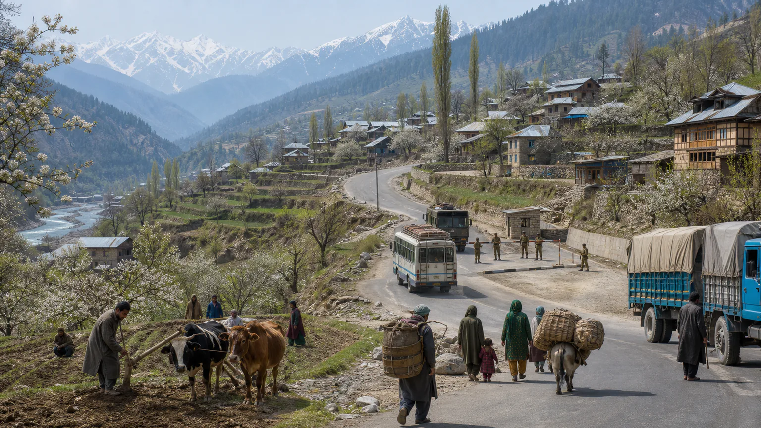 AI-generated evidence-guided visualization related to Kashmir dispute and India-Pakistan wars, 1947-1999 CE; conflict and militarization continue beyond these wars.