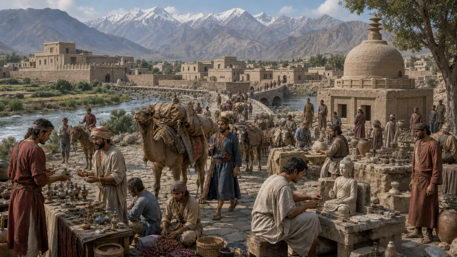 AI-generated evidence-guided visualization related to Kushan Empire and transregional corridors, c. 1st-4th centuries CE; early rulers and era systems remain disputed.