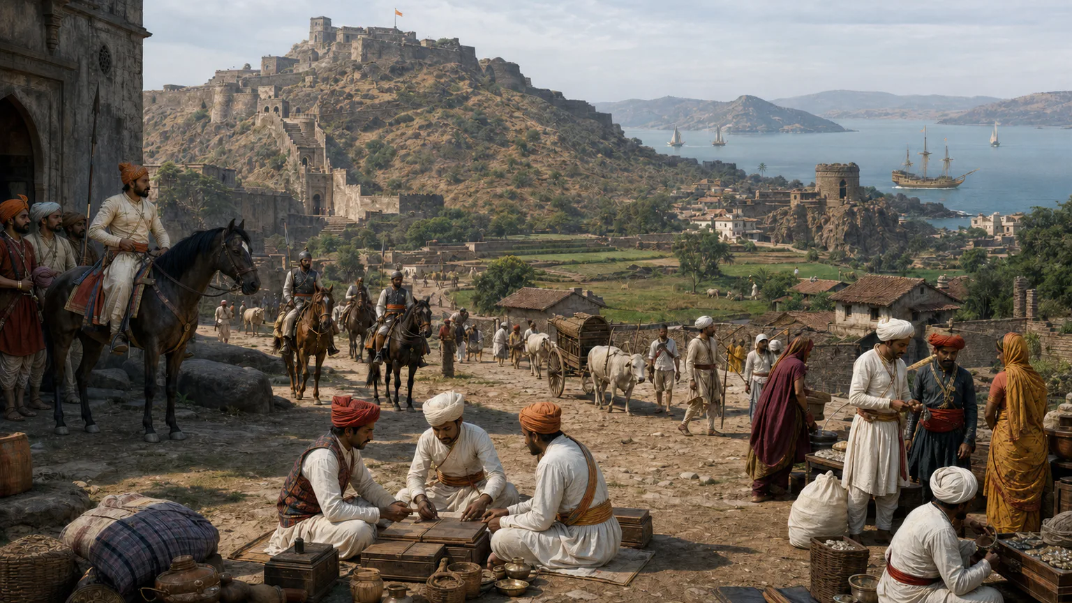 AI-generated evidence-guided visualization related to Maratha state and confederacy, 1674-1818 CE; authority became confederated and regionally varied.