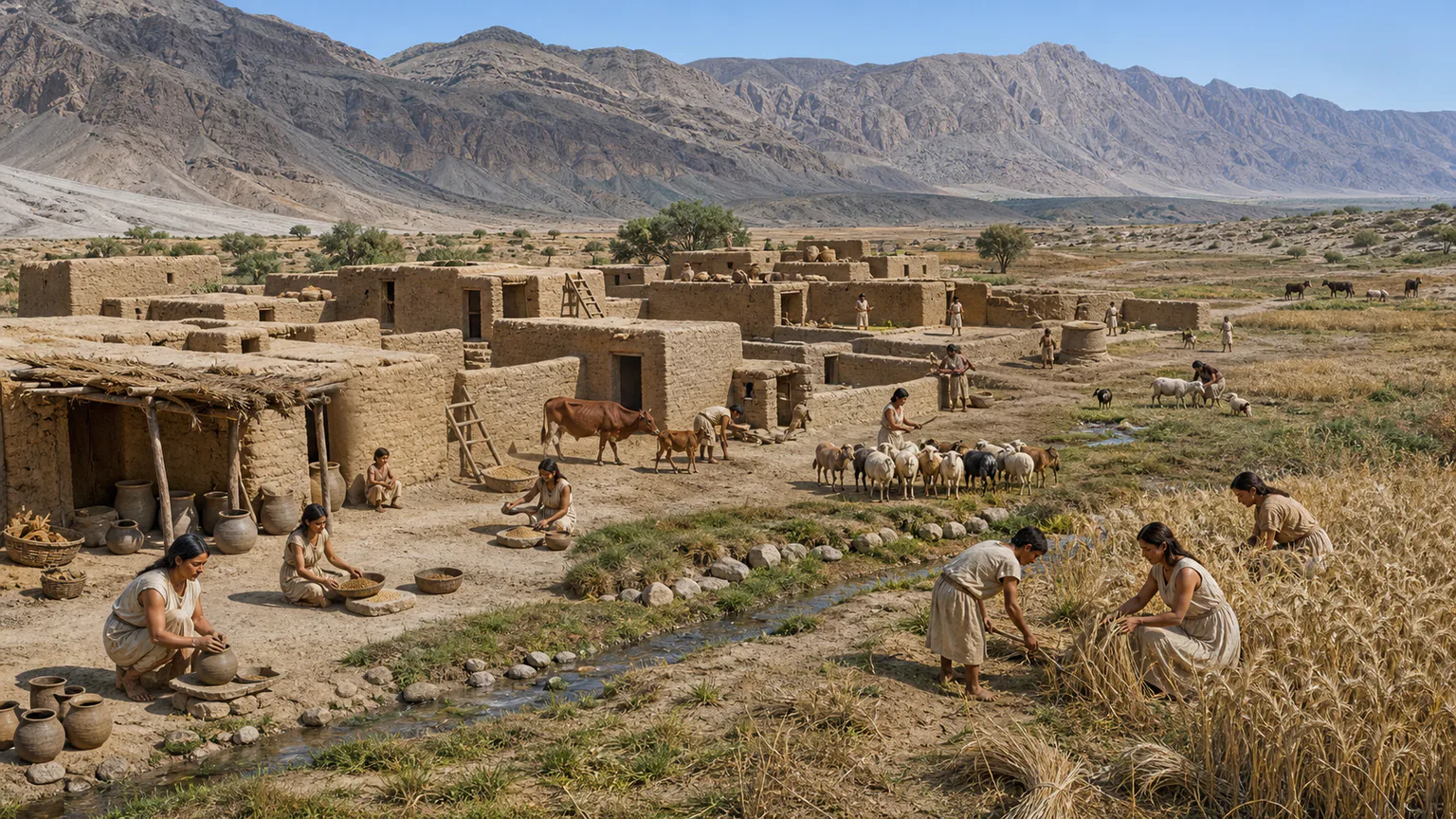 AI-generated evidence-guided visualization related to Mehrgarh farming communities, c. 7000-2600 BCE; phase boundaries are approximate.