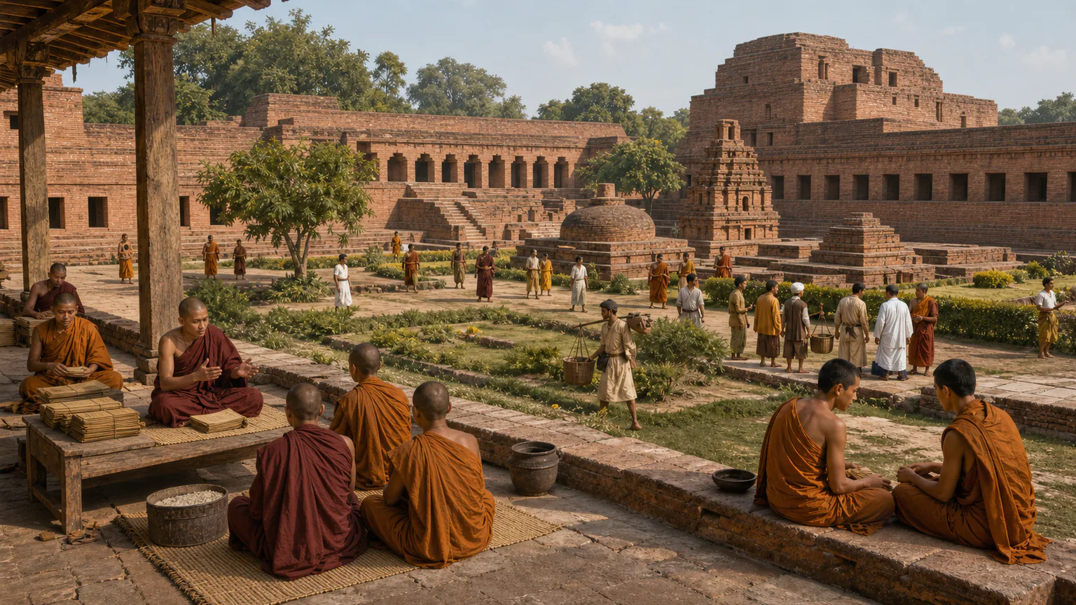 AI-generated evidence-guided visualization related to Nalanda monastic learning network, c. 5th-12th centuries CE for its major scholastic phases.