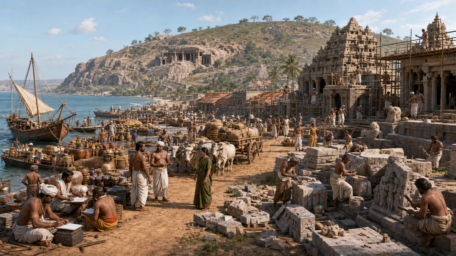 AI-generated evidence-guided visualization related to Pallava, Chalukya and Rashtrakuta kingdoms, c. 275-973 CE; dynasties and regional branches overlap.