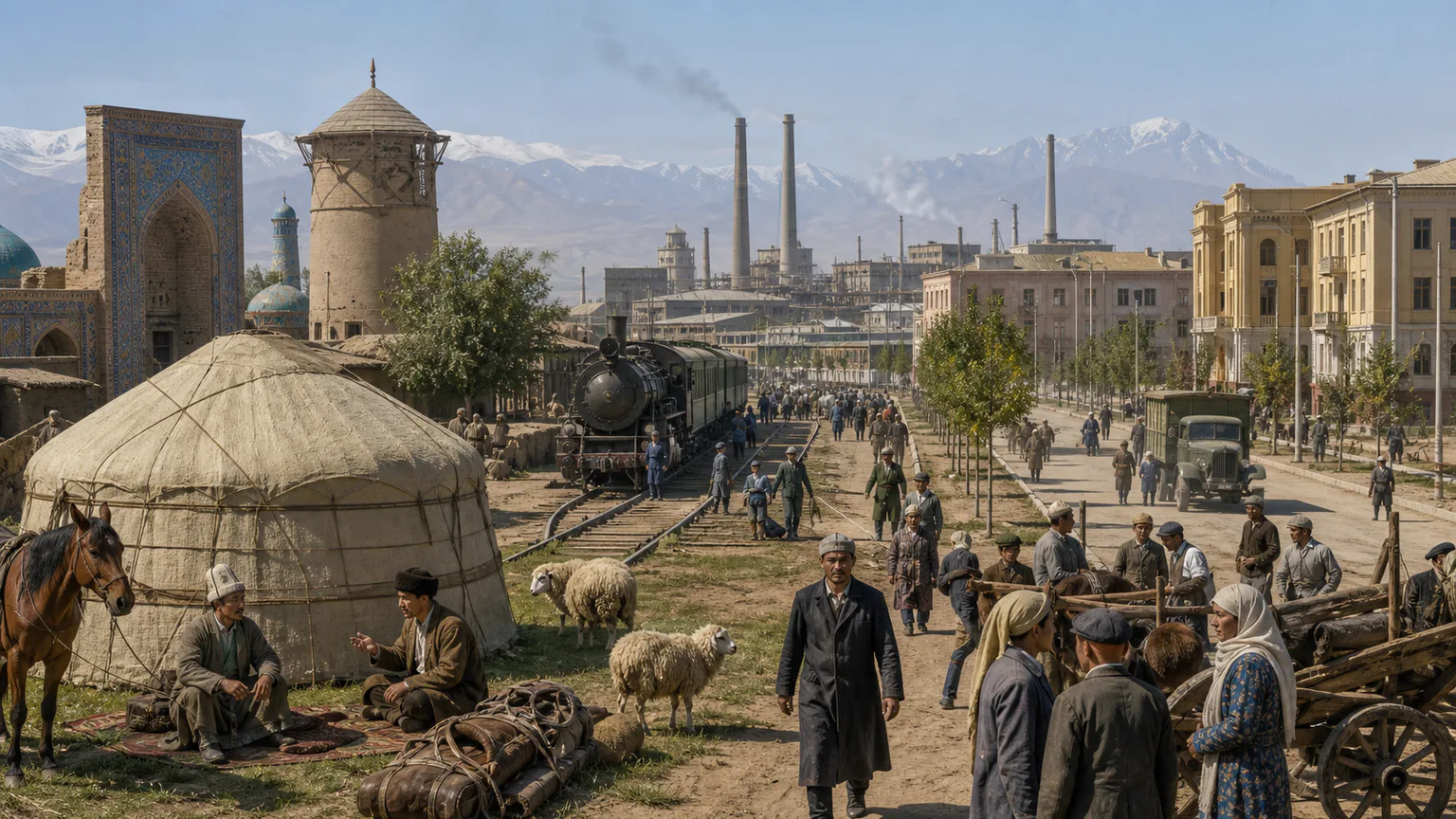 AI-generated evidence-guided visualization related to Russian conquest and Soviet Central Asia, c. 1731-1991 CE; incorporation and resistance differed by territory.