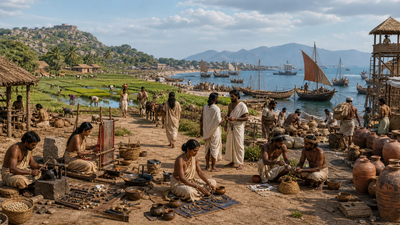 AI-generated evidence-guided visualization related to Sangam-era Tamilakam, c. 300 BCE-300 CE; literary compilation dates remain debated.