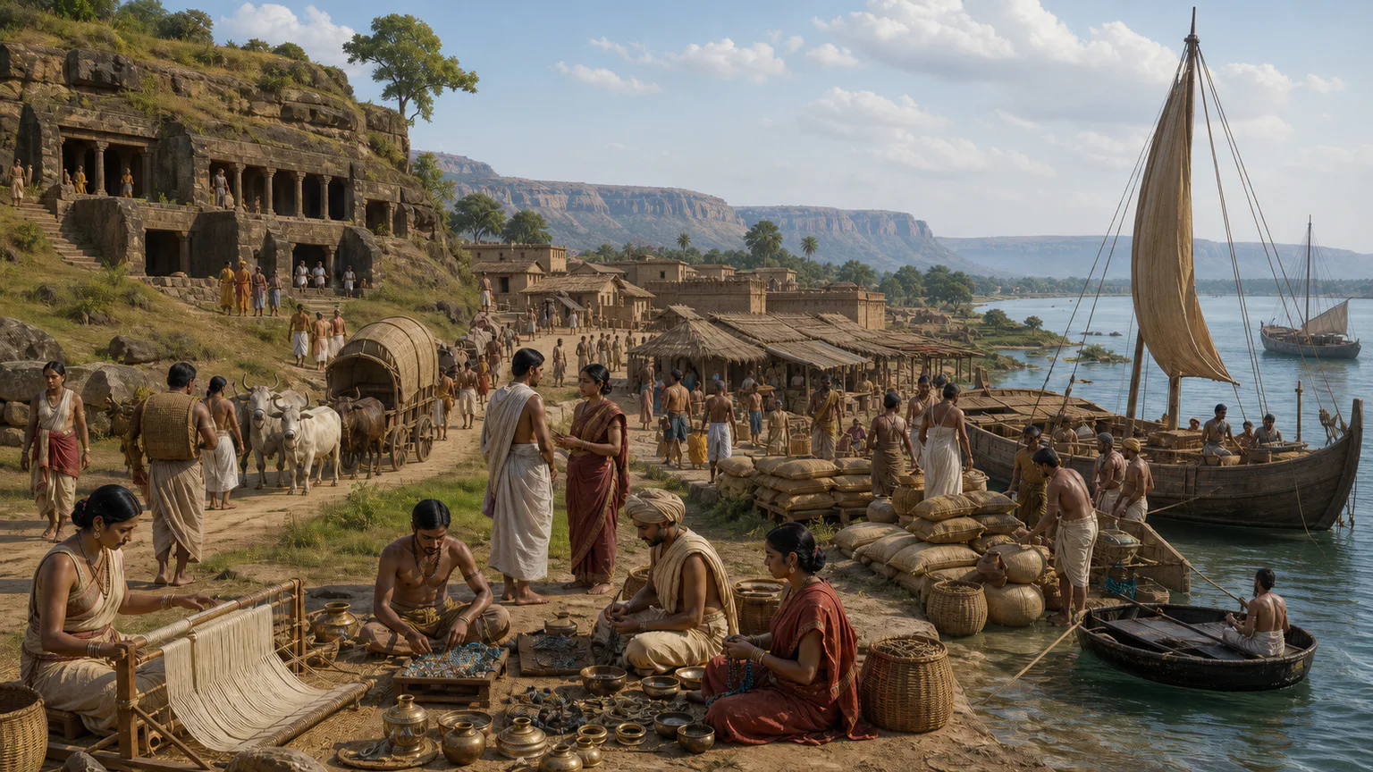 AI-generated evidence-guided visualization related to Satavahana and Deccan networks, c. 1st century BCE-3rd century CE; royal chronology varies.