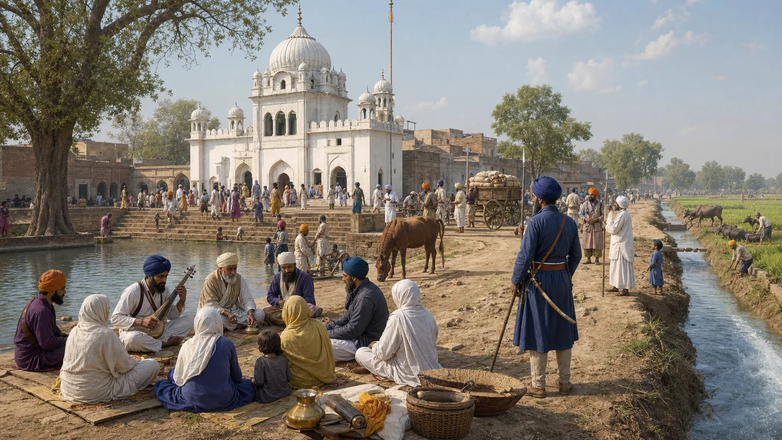 AI-generated evidence-guided visualization related to Sikh tradition, Khalsa and Punjab polities, 1469-1849 CE across distinct religious and political phases.