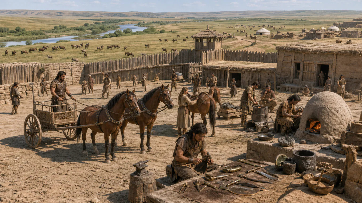 AI-generated evidence-guided visualization related to Sintashta steppe communities and chariot technology, c. 2100-1750 BCE; archaeological labels and boundaries vary.