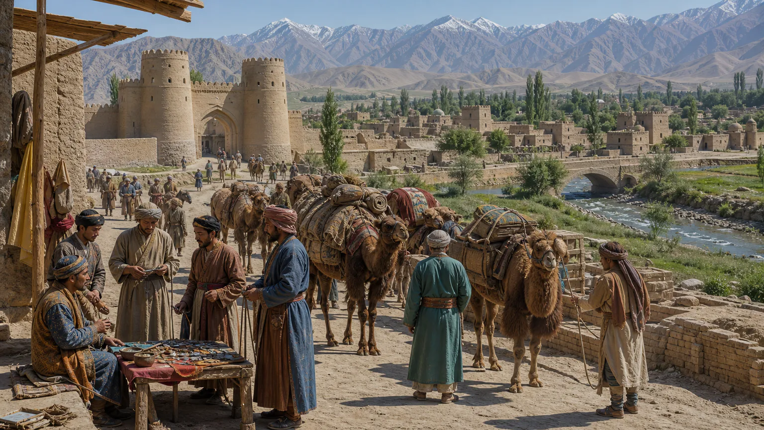 AI-generated evidence-guided visualization related to Sogdian Silk Road networks, c. 4th-8th centuries CE; routes and political conditions shifted.