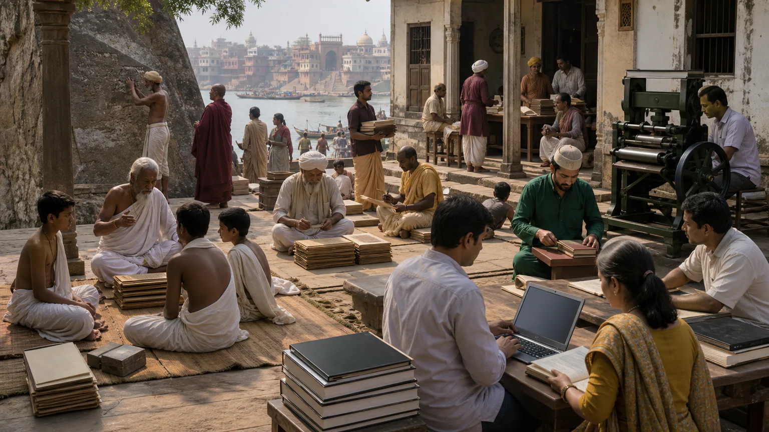 AI-generated evidence-guided visualization related to South Asian language families and scripts, c. 1500 BCE-present; many languages predate their surviving inscriptions.