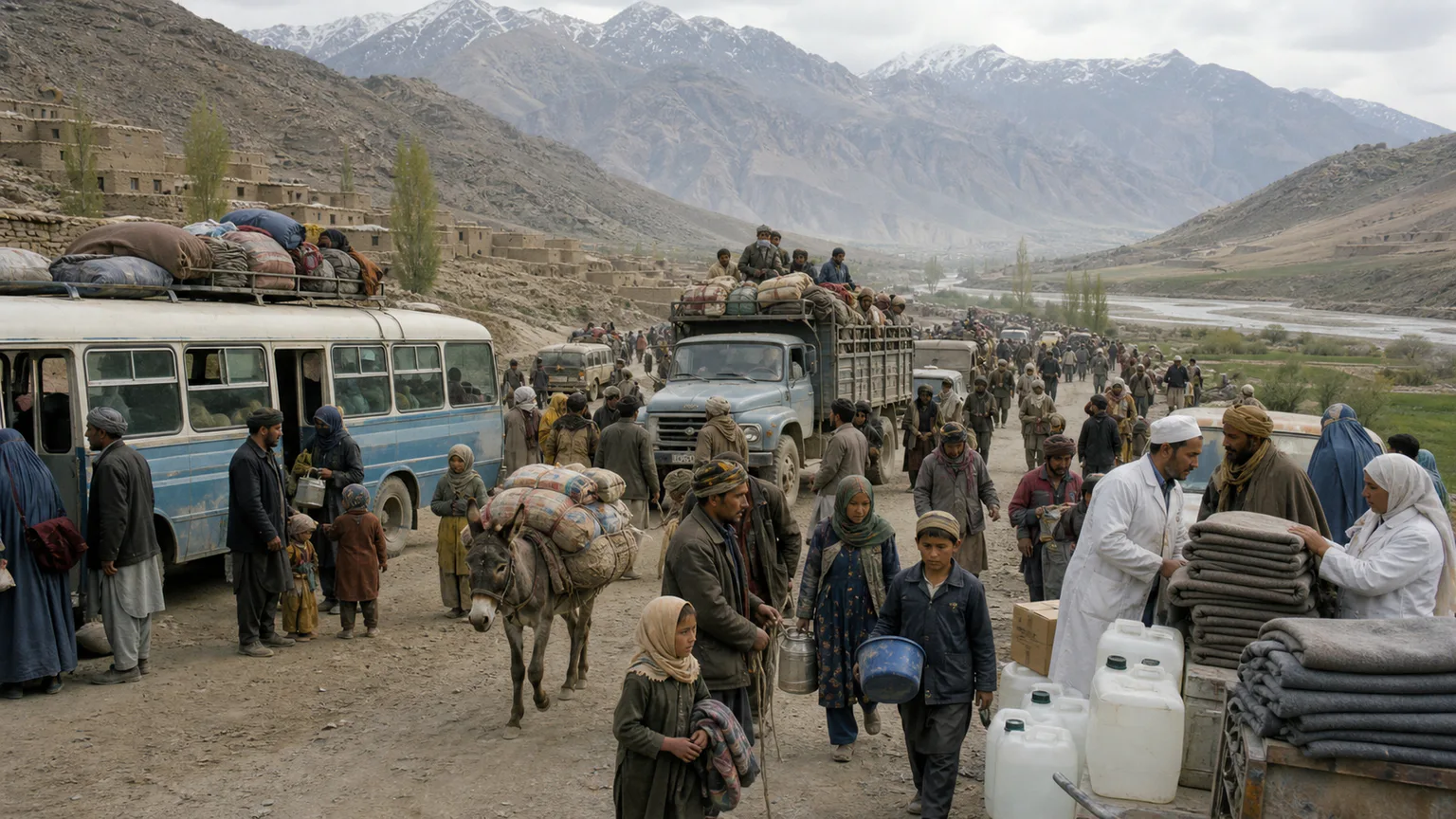 AI-generated evidence-guided visualization related to Soviet-Afghan War and displacement, 1979-1989 CE, with civil war continuing afterward.