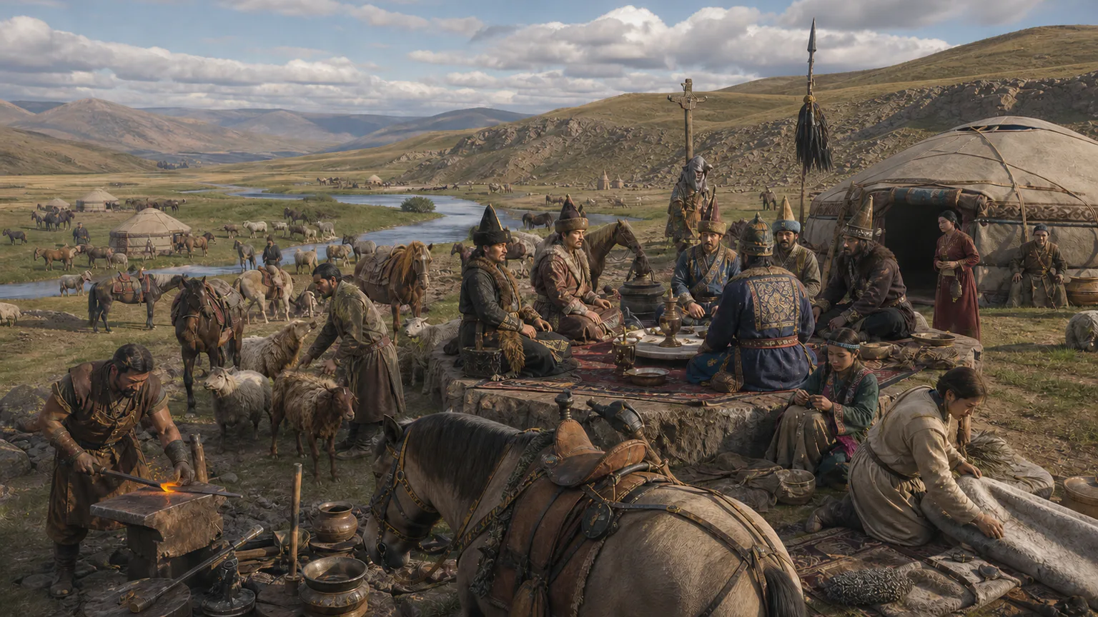 AI-generated evidence-guided visualization related to Turkic khaganates and steppe mobility, 552-744 CE for the first and second Turkic khaganates.