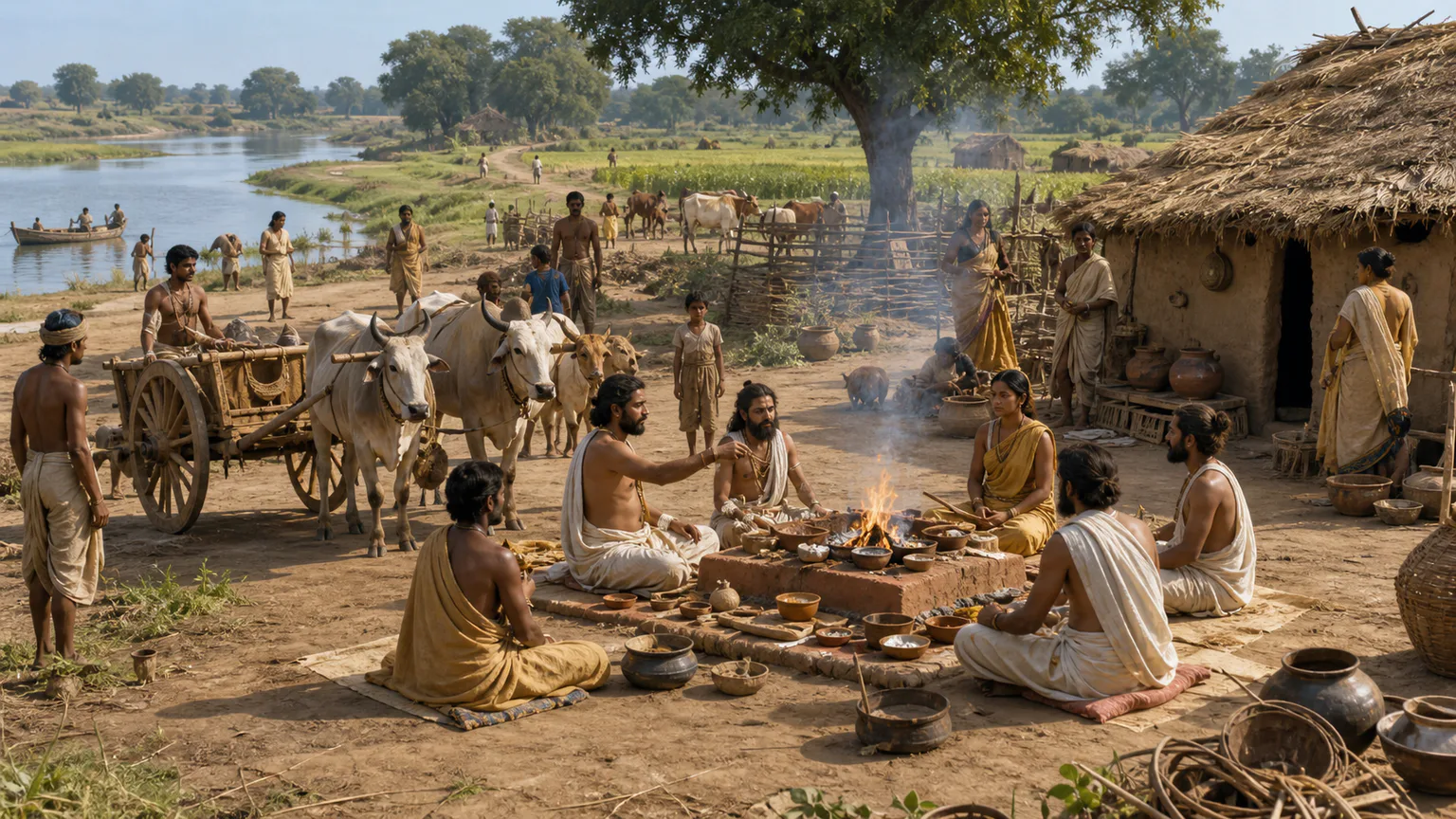 AI-generated evidence-guided visualization related to Vedic-era communities and ritual traditions, c. 1500-600 BCE; textual layers and archaeological phases are approximate.