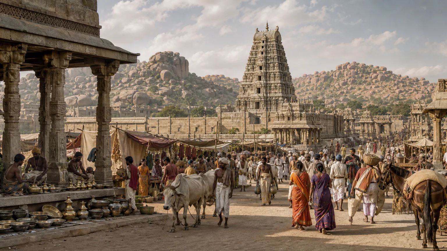 AI-generated evidence-guided visualization related to Vijayanagara Empire, c. 1336-1646 CE; capital power changed sharply after 1565.