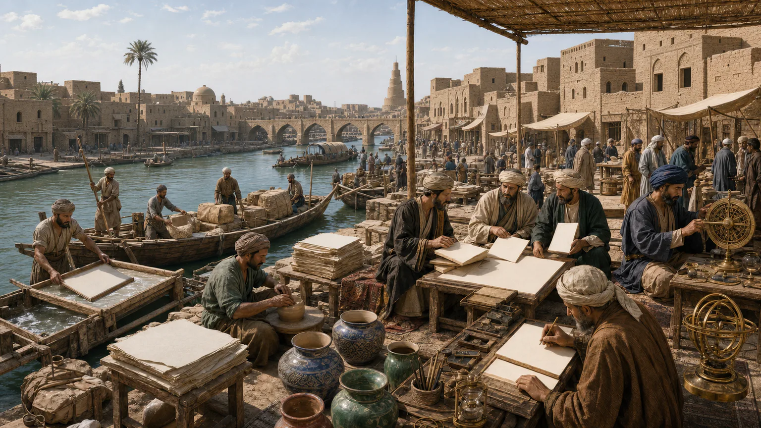 AI-generated evidence-guided visualization related to Abbasid Baghdad, Samarra and connected scholarship, 750-945 CE.