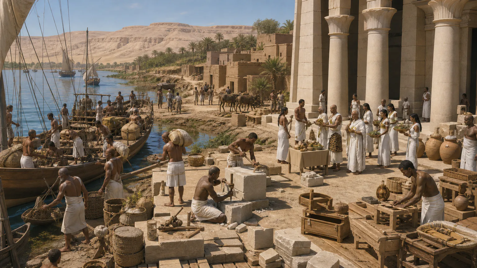 AI-generated evidence-guided visualization related to Egyptian New Kingdom, empire and temple institutions, c. 1550-1069 BCE.