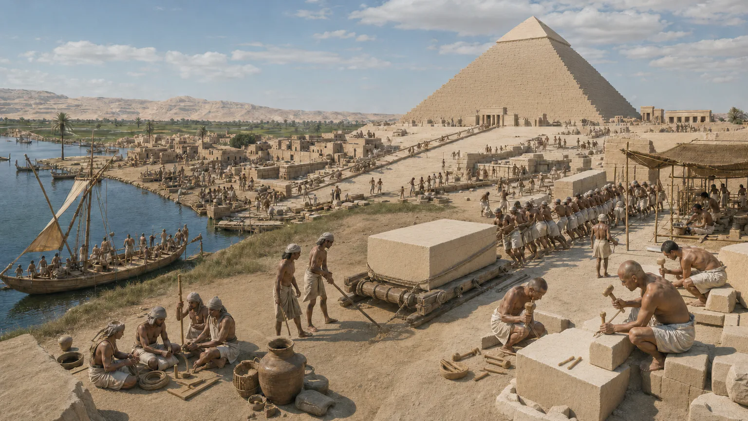 AI-generated evidence-guided visualization related to Egyptian Old Kingdom and pyramid economies, c. 2686-2181 BCE.