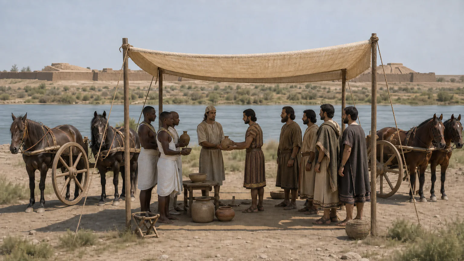 AI-generated evidence-guided visualization related to Kadesh campaign and Egyptian-Hittite diplomacy, c. 1274-1258 BCE.