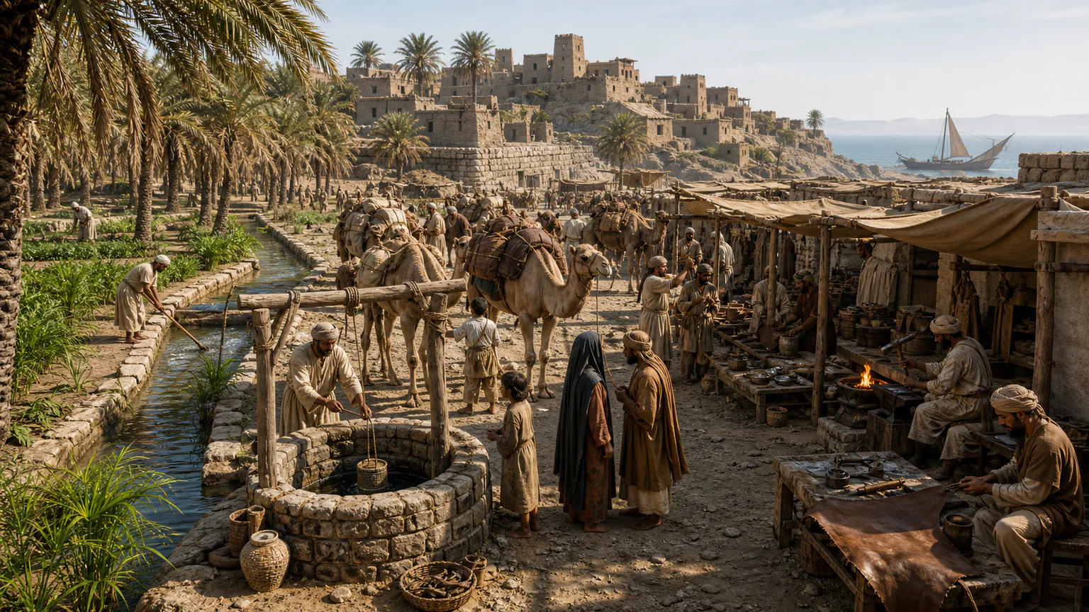 AI-generated evidence-guided visualization related to Late antique Arabian towns, tribes and exchange, c. 300-610 CE.
