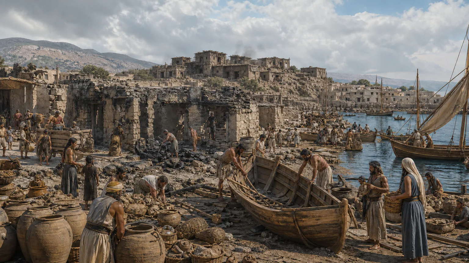 AI-generated evidence-guided visualization related to Late Bronze Age collapse and regional migrations, c. 1200-1050 BCE.