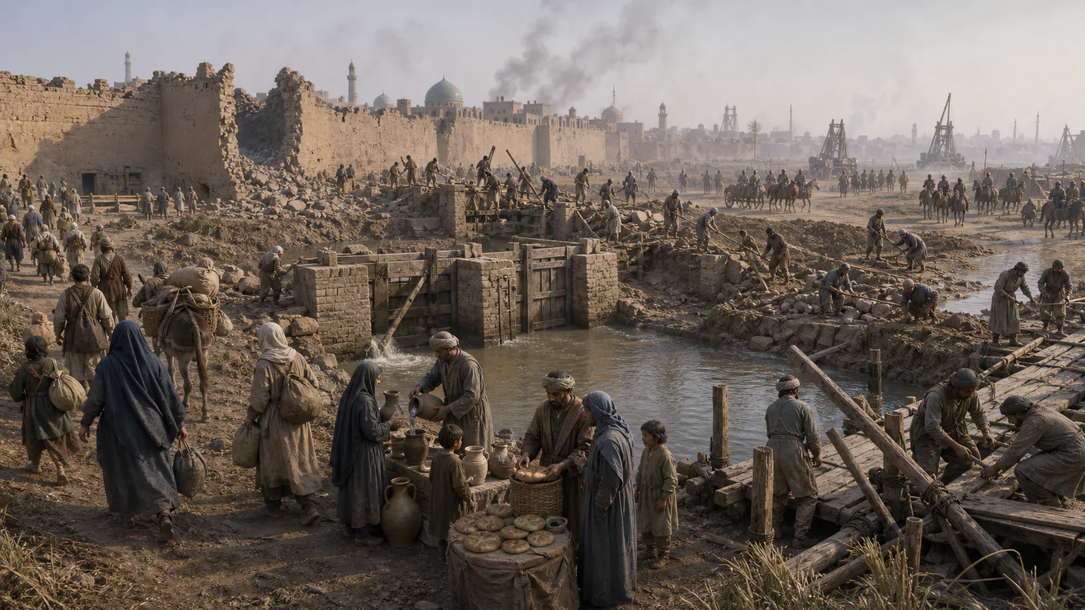 AI-generated evidence-guided visualization related to Mongol conquest of Baghdad and regional disruption, 1258-1260 CE.