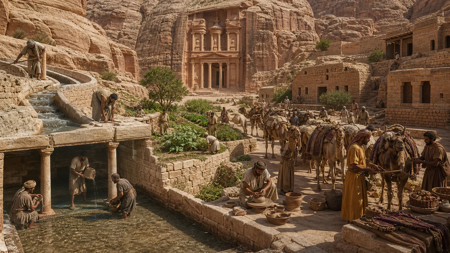 AI-generated evidence-guided visualization related to Nabataean Arabia, Petra and caravan exchange, c. 300 BCE-106 CE.
