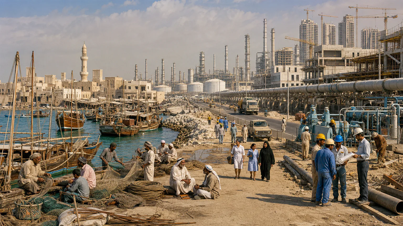 AI-generated evidence-guided visualization related to Oil economies, cities and migrant labor, 1938-2000 CE.