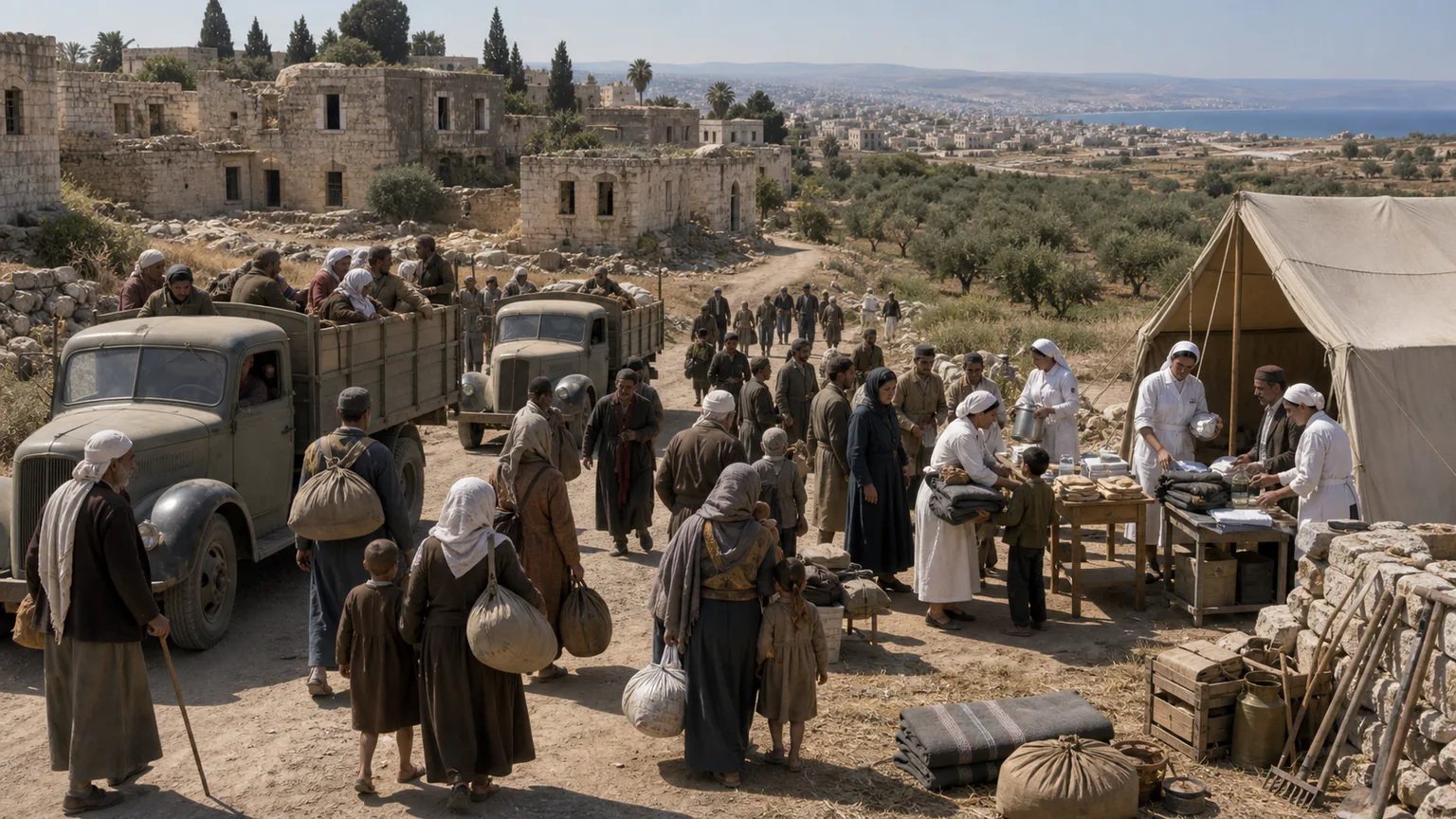 AI-generated evidence-guided visualization related to 1948 war, Israeli statehood and Palestinian displacement, 1947-1949 CE.
