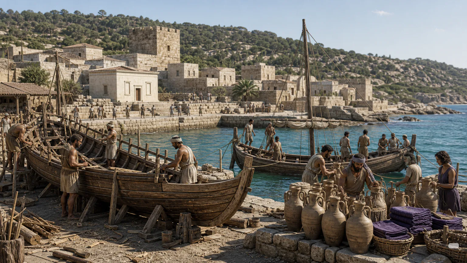 AI-generated evidence-guided visualization related to Phoenician port communities and alphabetic scripts, c. 1200-300 BCE.