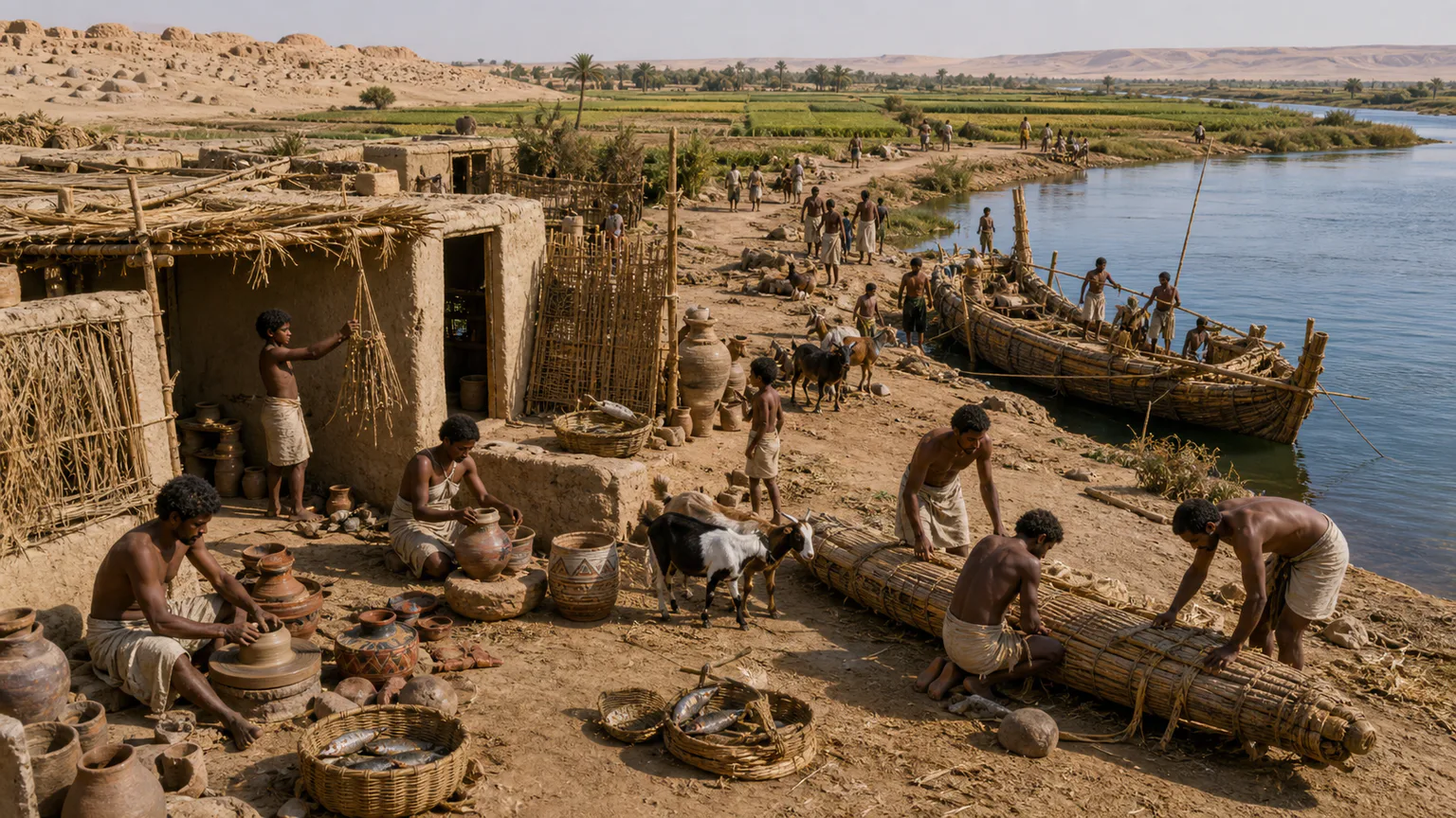 AI-generated evidence-guided visualization related to Predynastic Nile communities and regional exchange, c. 6000-3100 BCE.