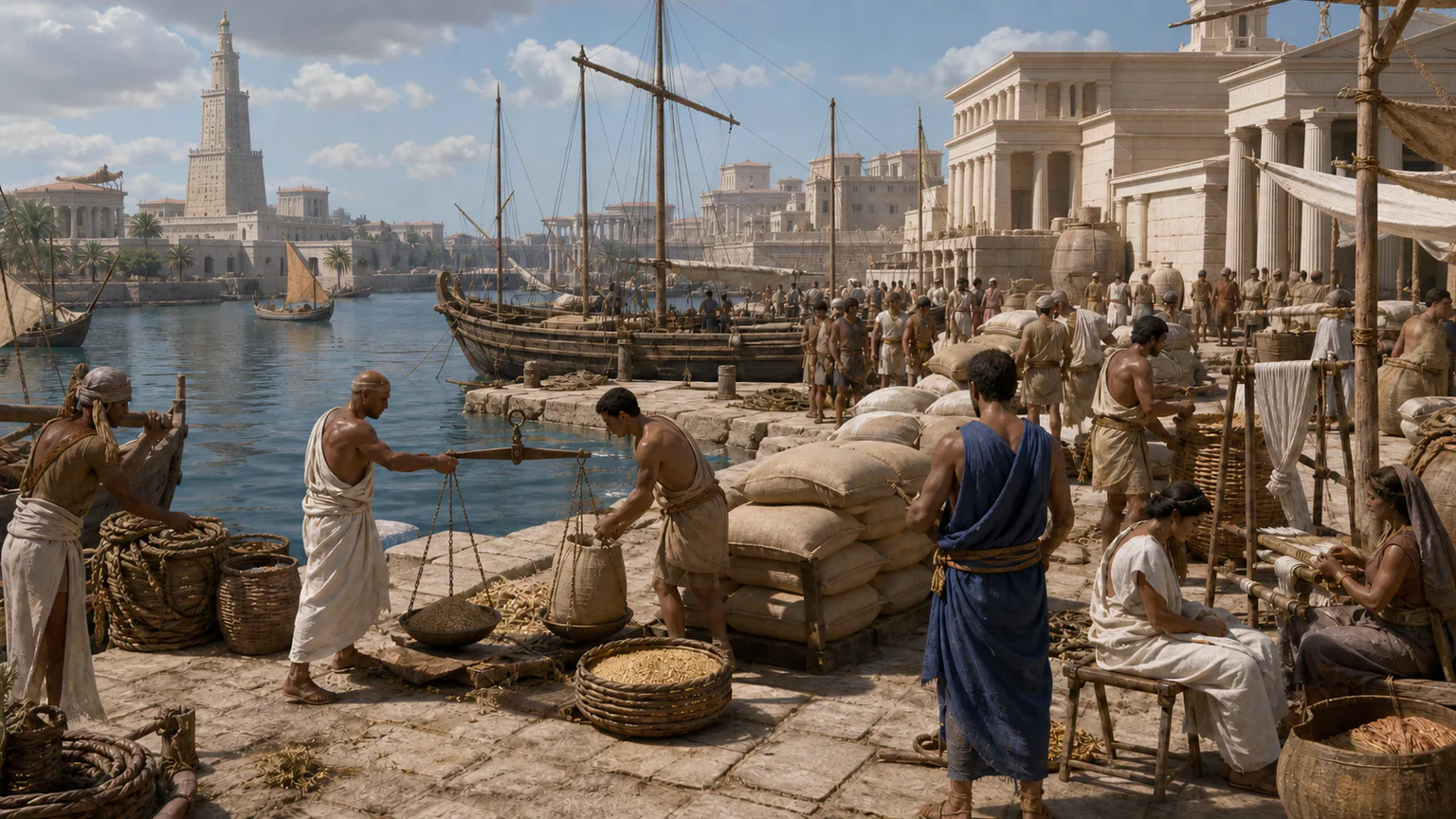 AI-generated evidence-guided visualization related to Ptolemaic Egypt and multilingual institutions, 305-30 BCE.