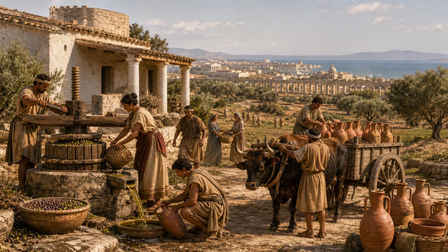 AI-generated evidence-guided visualization related to Roman North Africa, cities and agrarian production, 146 BCE-439 CE.