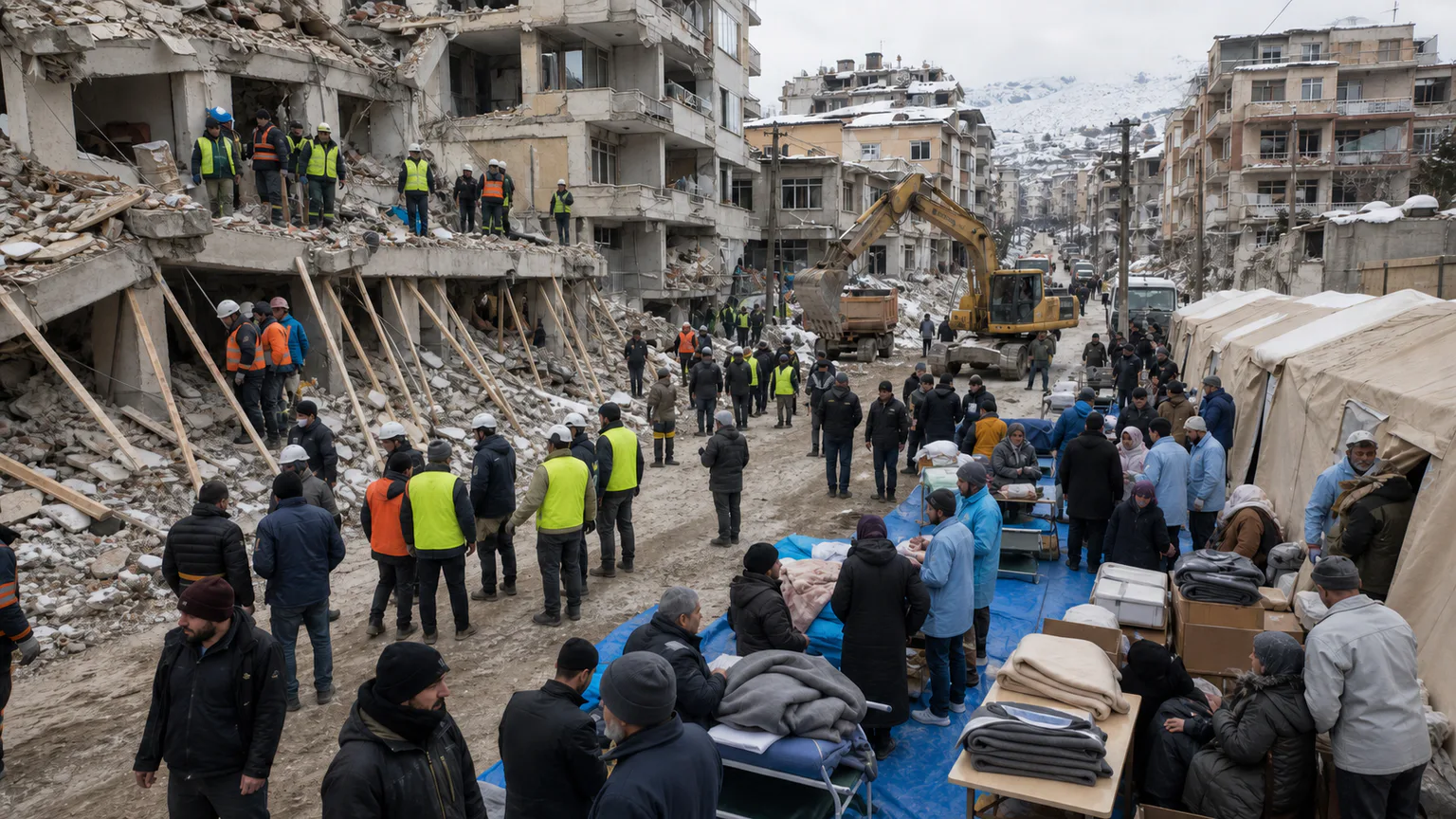 AI-generated evidence-guided visualization related to 2023 Turkiye-Syria earthquakes, 6 February 2023 CE and aftermath.