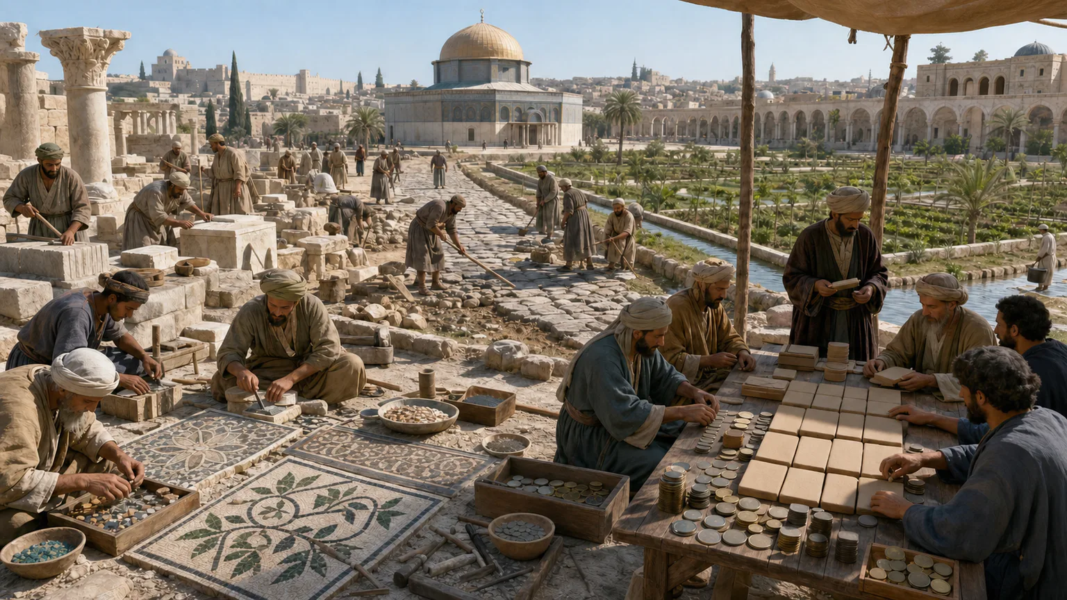AI-generated evidence-guided visualization related to Umayyad caliphate and Arabic administration, 661-750 CE.
