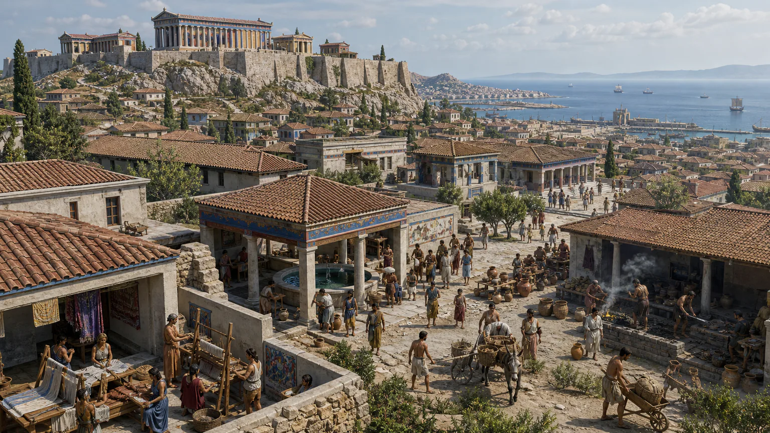 AI-generated evidence-guided visualization related to Athens and Piraeus, 5th-4th centuries BCE.
