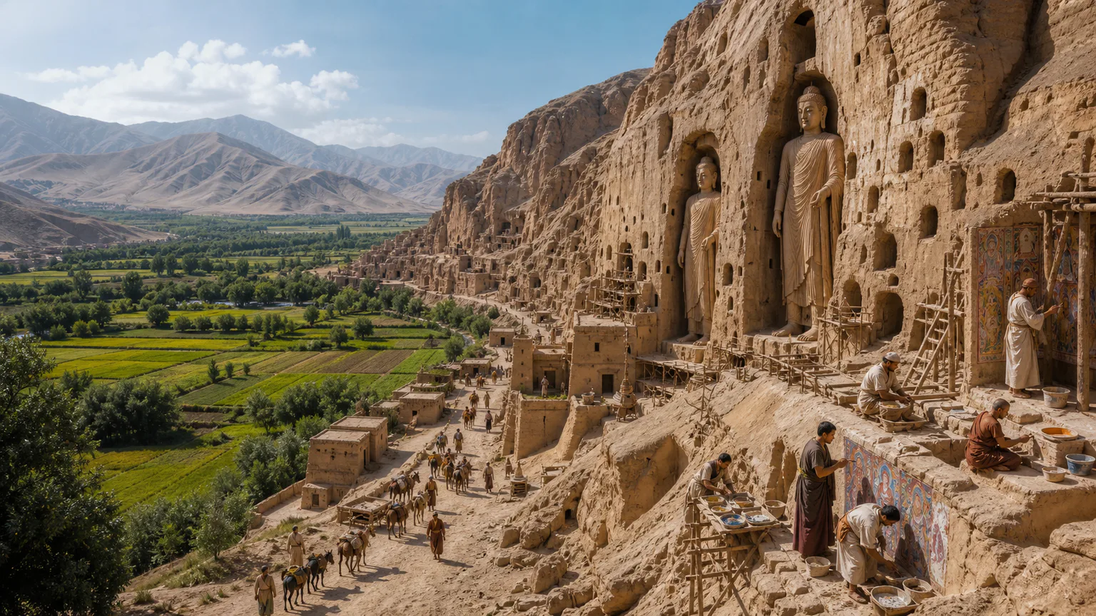 AI-generated evidence-guided visualization related to Bamiyan Valley, c. 3rd-13th centuries CE.