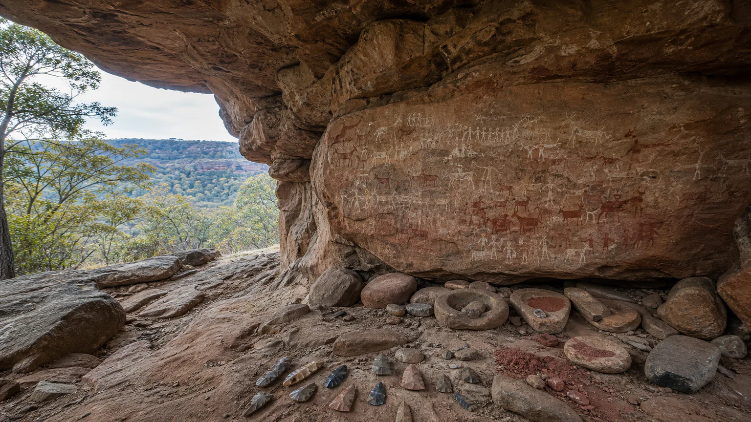 AI-generated evidence-guided visualization related to Bhimbetka Rock Shelters, c. 10,000 BCE-1000 CE, multiple phases.