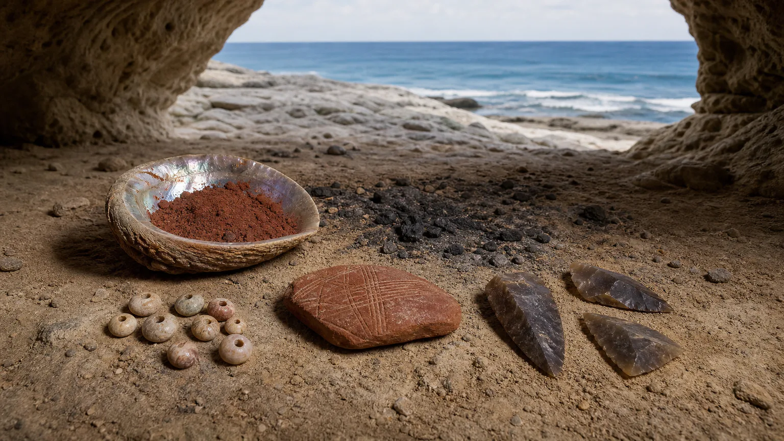 AI-generated evidence-guided visualization related to Blombos Cave, c. 100,000-70,000 years ago.