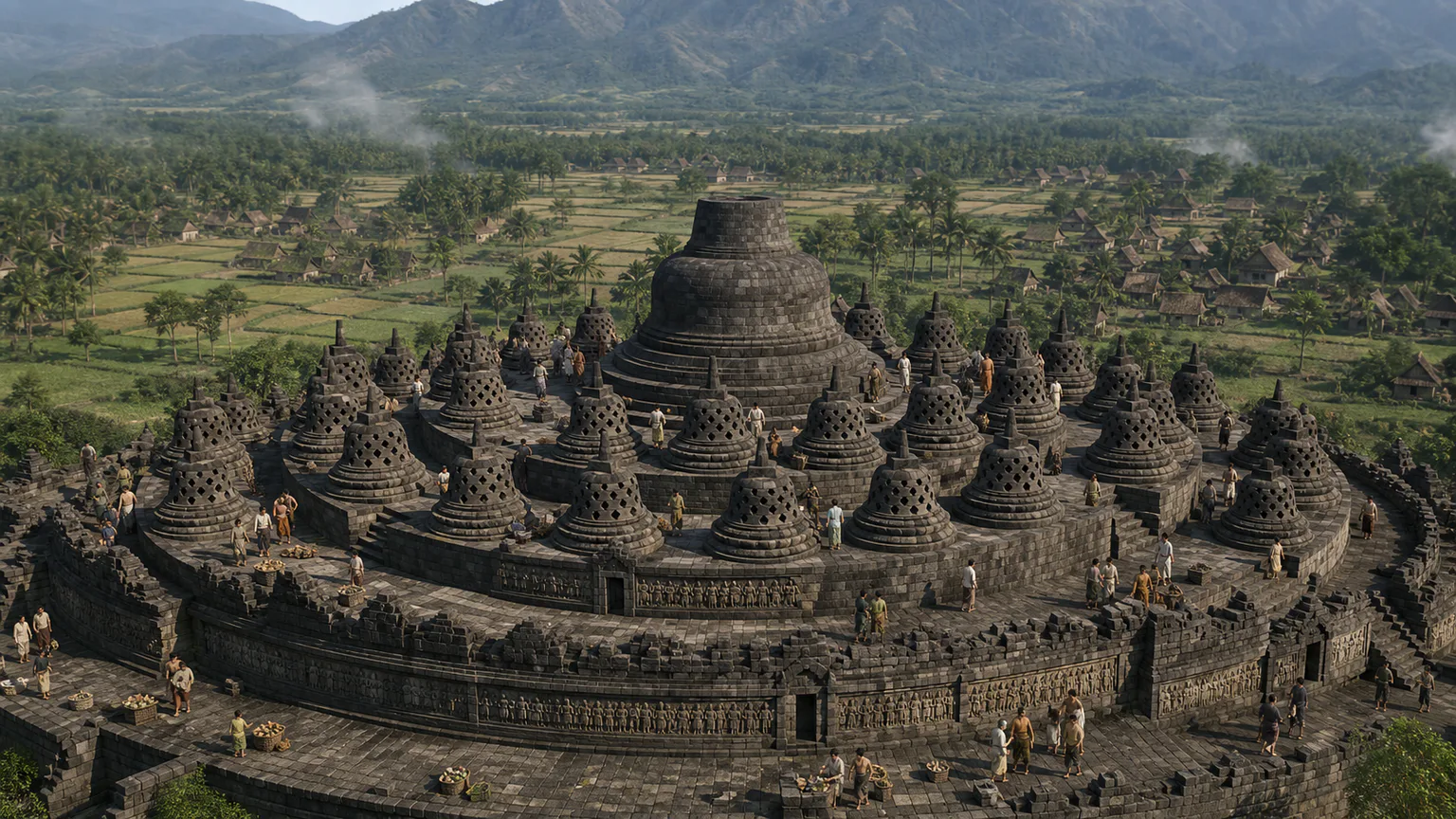 AI-generated evidence-guided visualization related to Borobudur, c. 8th-10th centuries CE.