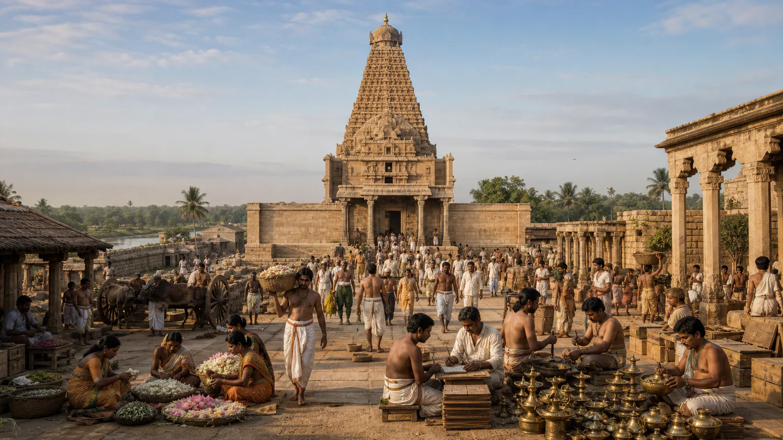 AI-generated evidence-guided visualization related to Thanjavur and Brihadisvara, c. 1010 CE-present.