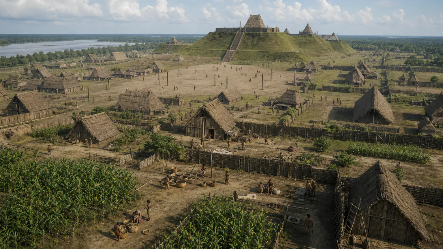 AI-generated evidence-guided visualization related to Cahokia, c. 1050-1350 CE.
