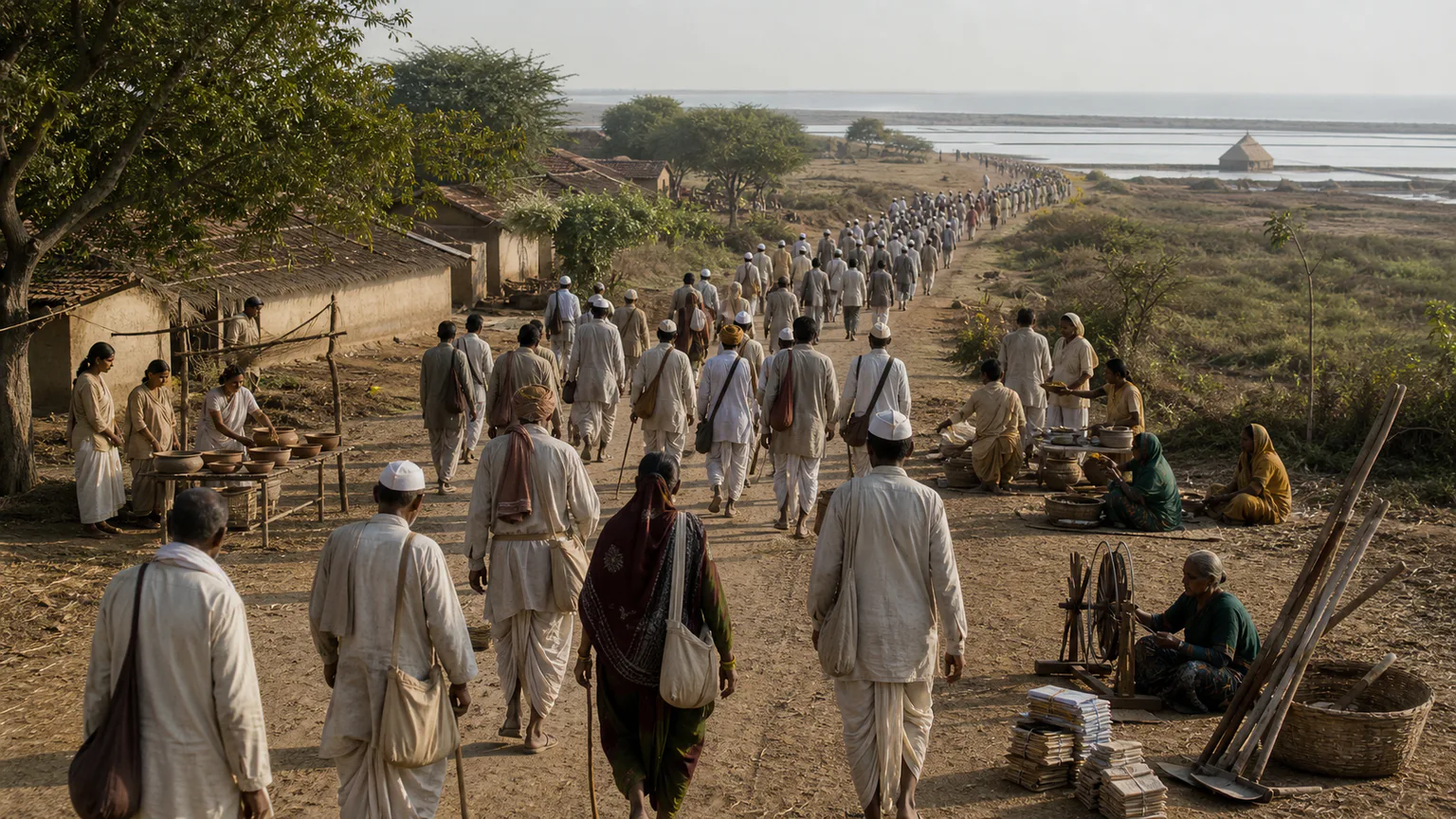 AI-generated evidence-guided visualization related to Dandi March route, 1930 CE.