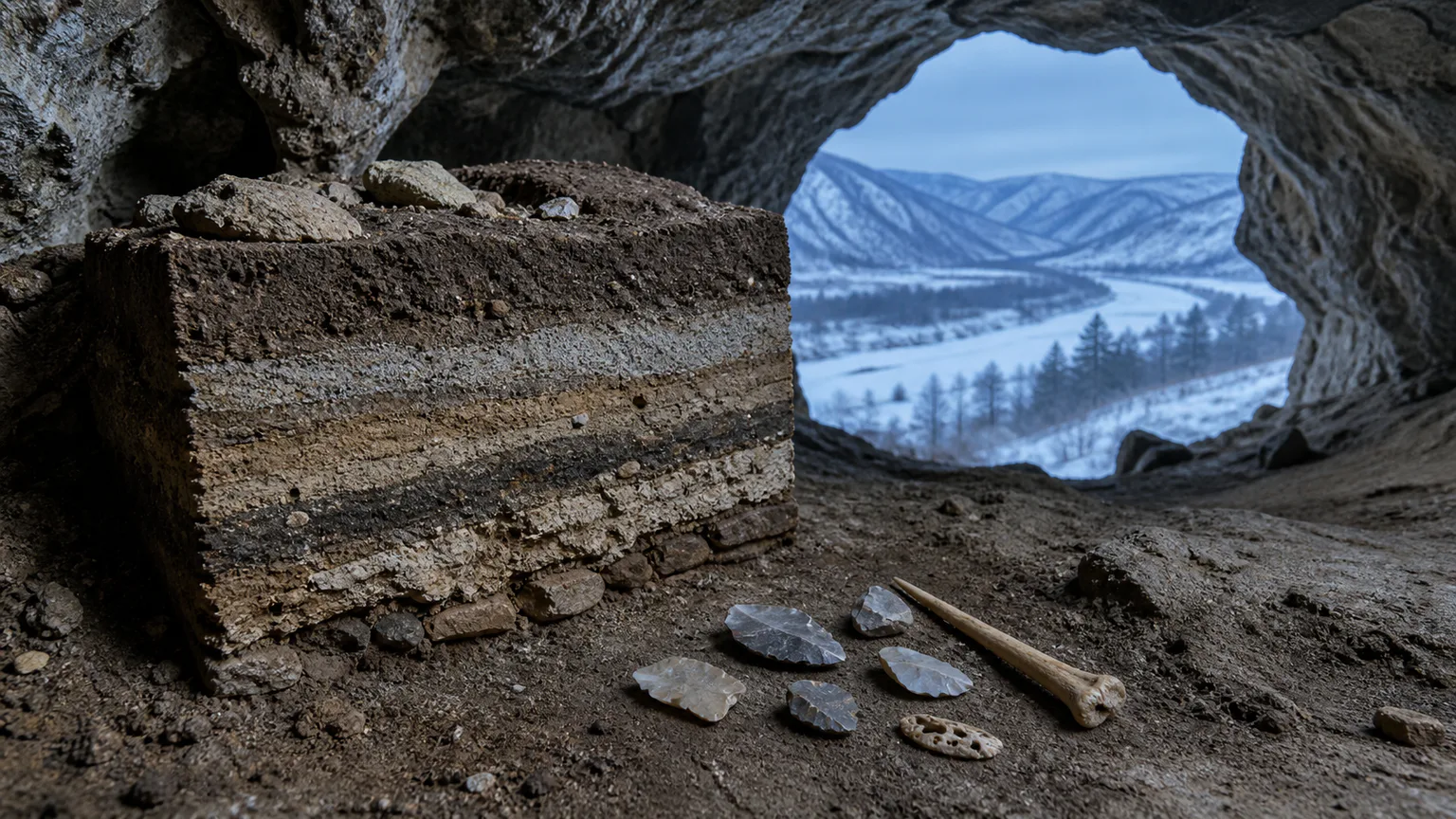 AI-generated evidence-guided visualization related to Denisova Cave, c. 300,000-40,000 years ago.