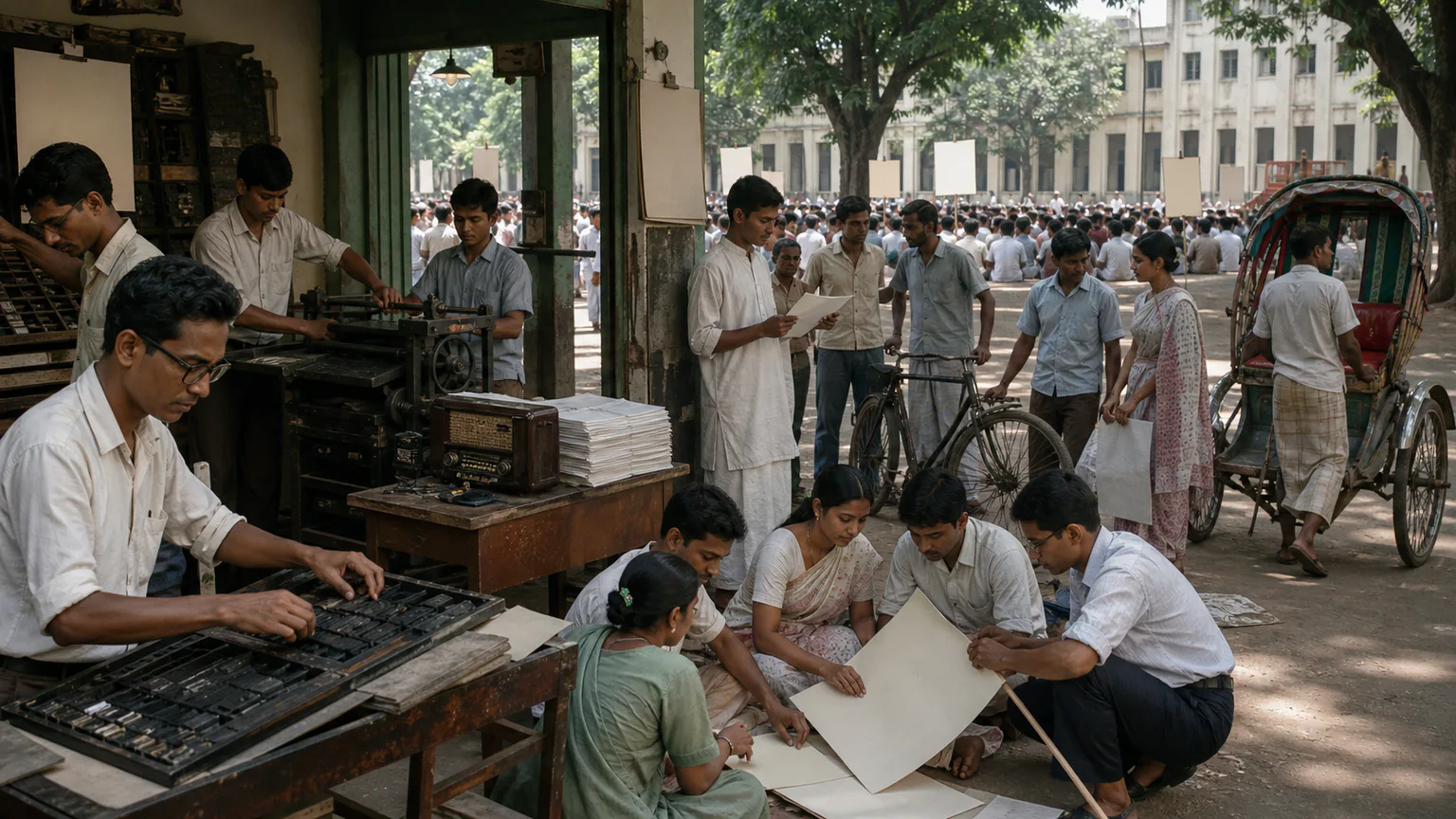 AI-generated evidence-guided visualization related to Dhaka Language Movement, 1948-1956 CE.