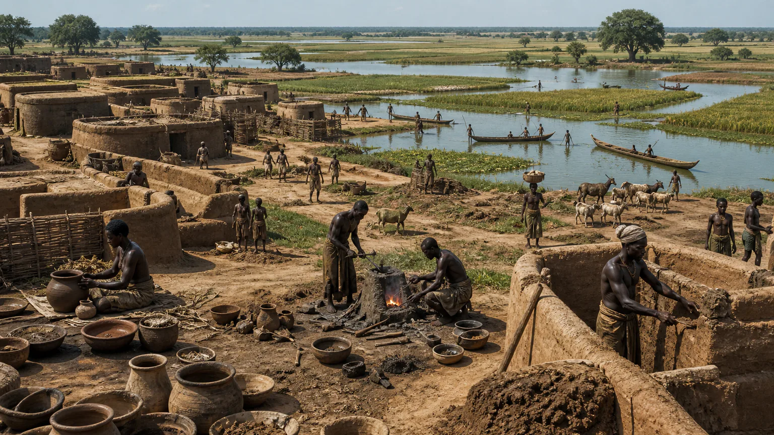 AI-generated evidence-guided visualization related to Djenné-Djeno and Djenné, c. 250 BCE-present, changing settlements.